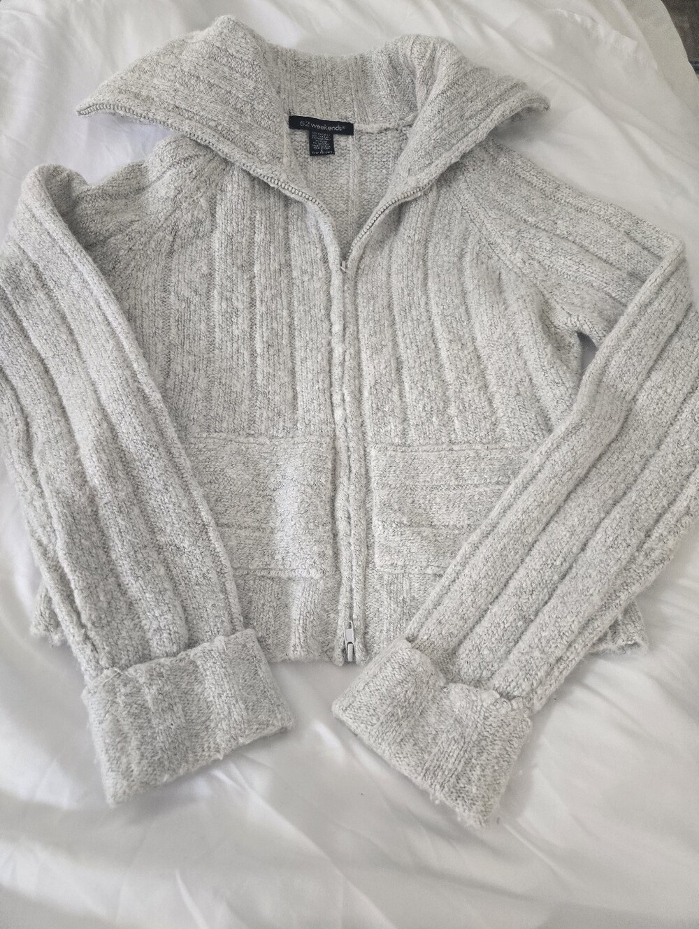52 Weekends Chunky Knit Full Zip Sweater Cardigan Oatmeal Oversized Collar